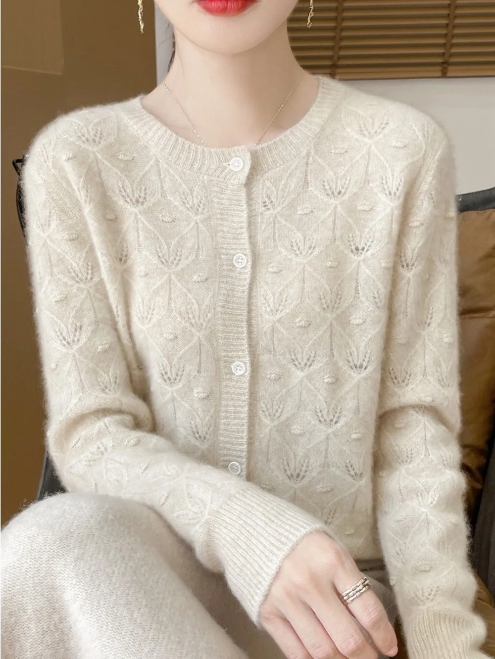 100% Merino Wool Pointelle Knit Cardigan Sweater Cream Leaf